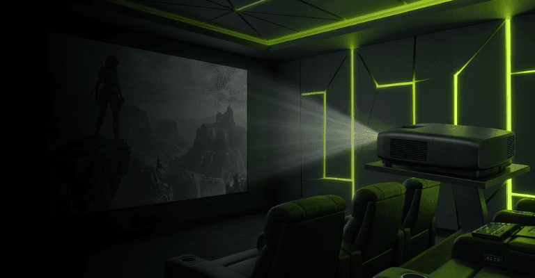 Home cinema room with projector and green LED accents
